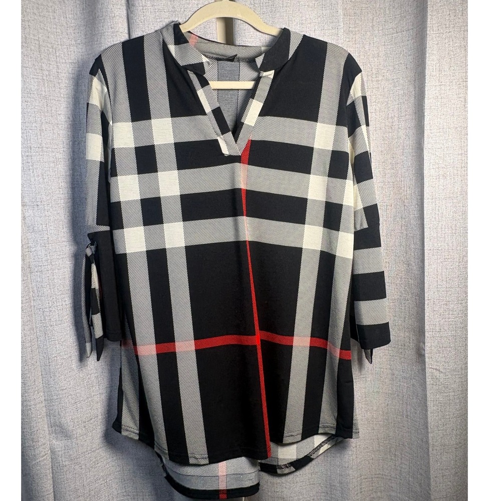 Lildy Women Black White Red Plaid Split Sleeve V-Neck Tunic Top Size S-M